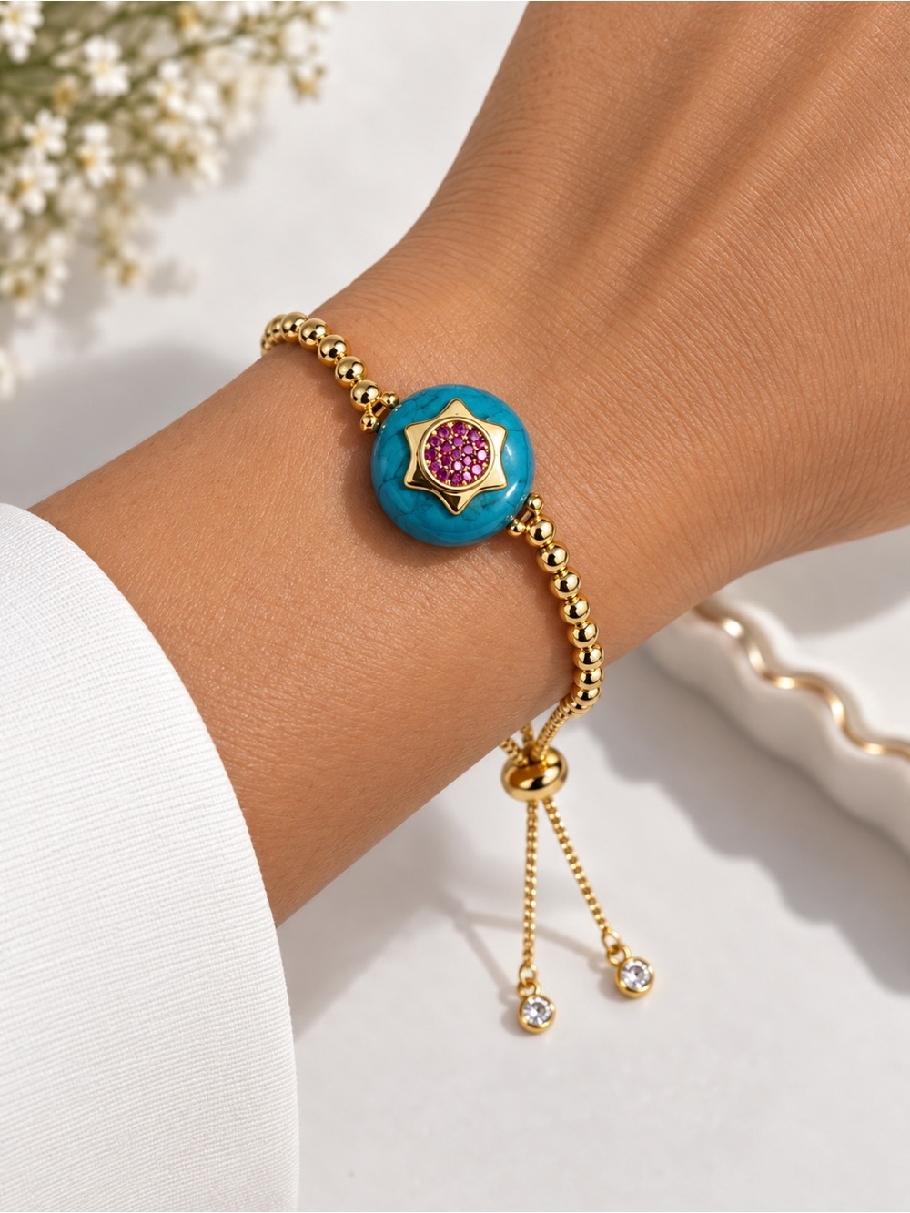 Gold Beaded Bracelet with Turquoise Center and Pink Accent
